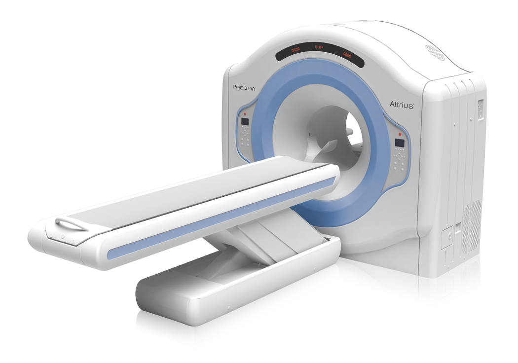 Modern PET scanner with patient table and detector gantry