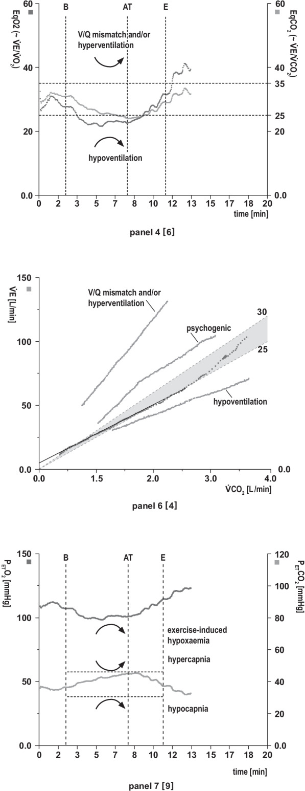 Published CPET gas exchange panels showing ventilatory equivalents, ventilation versus carbon dioxide production, and end-tidal gas patterns