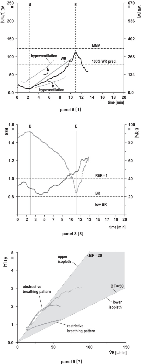 Published CPET ventilatory panels showing ventilation and work rate, respiratory exchange ratio and breathing reserve, and breathing pattern